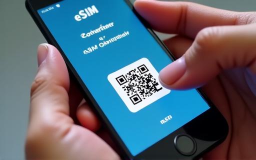Ein Smartphone, das einen QR-Code zur eSIM-Aktivierung scannt.